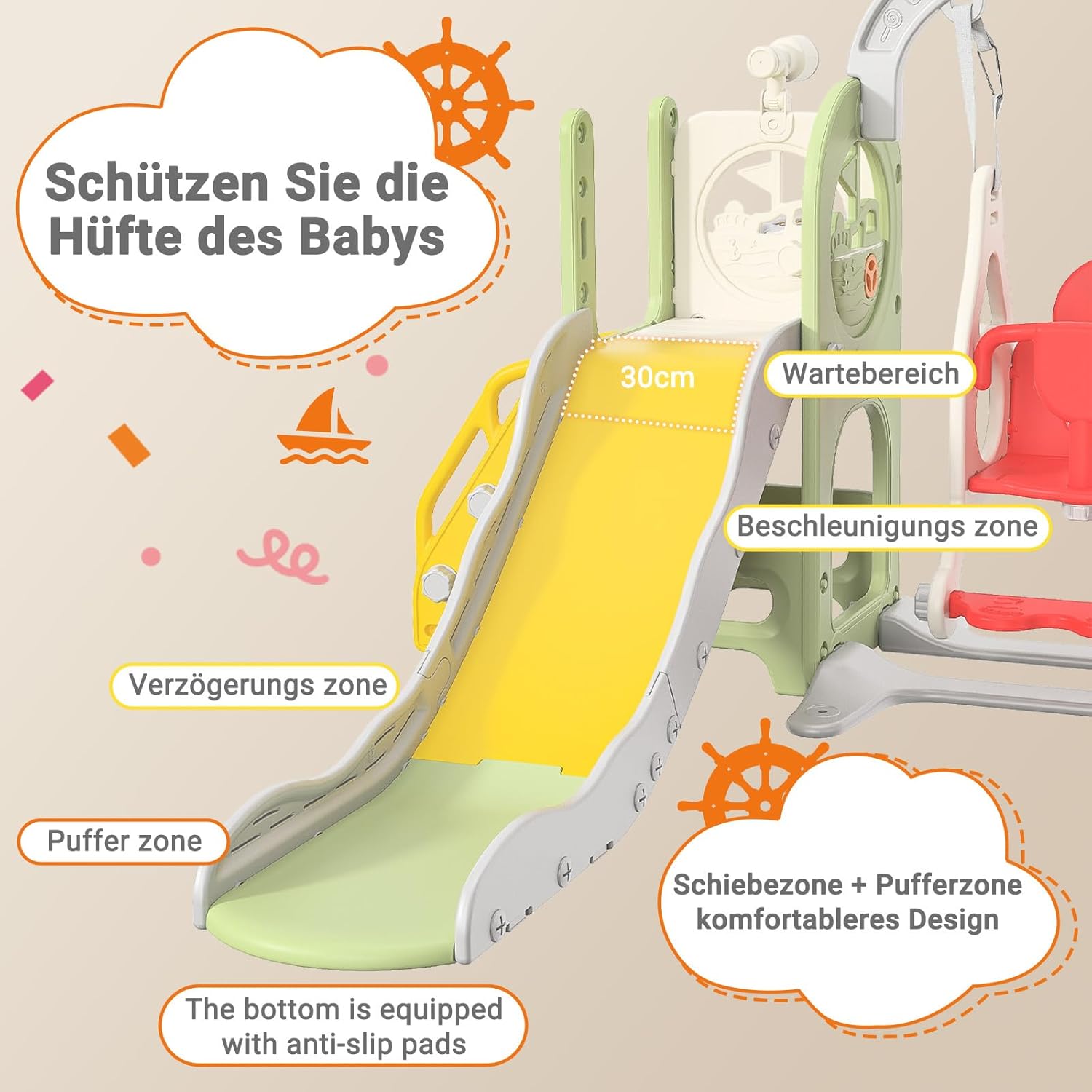 Ship Design Kids Slide with Slide Combo 3 in 1 Indoor Slide and Swing Set for Toddlers, Kids Playground Equipment for Home Kindergarten 8 ship slide with slide combo detail