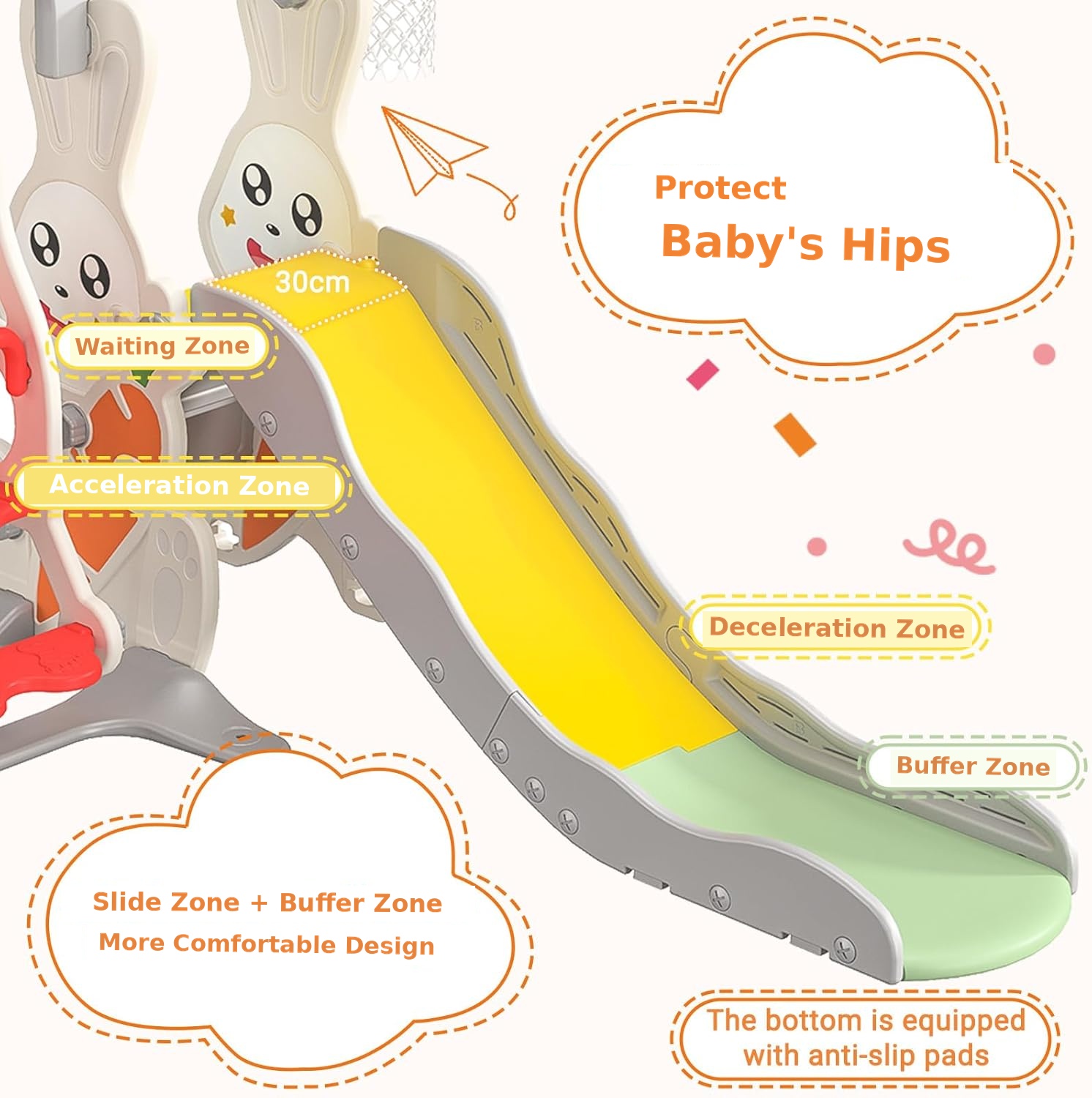 Rabbit Design Kids Slide with Swing 4-in-1 Slide & Swing Set for Toddlers, Foldable Kids Playground Equipment for Home Kindergarten 8 rabbit slide with swing detail