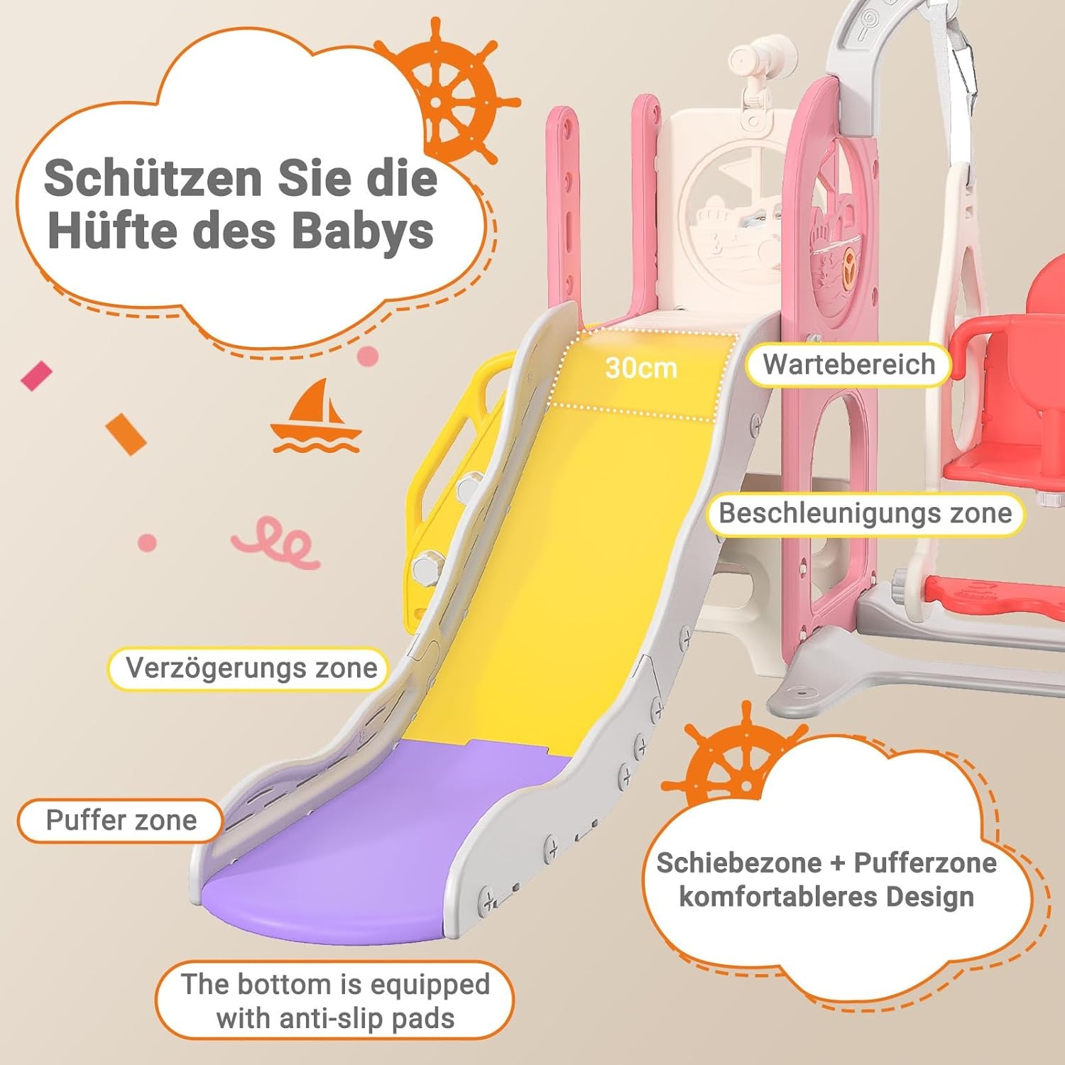 Ship Design Kids Slide for Toddlers, Indoor Baby Slide with Climbing Steps, Kids Playground Equipment for Home Kindergarten 9 ship slide detail