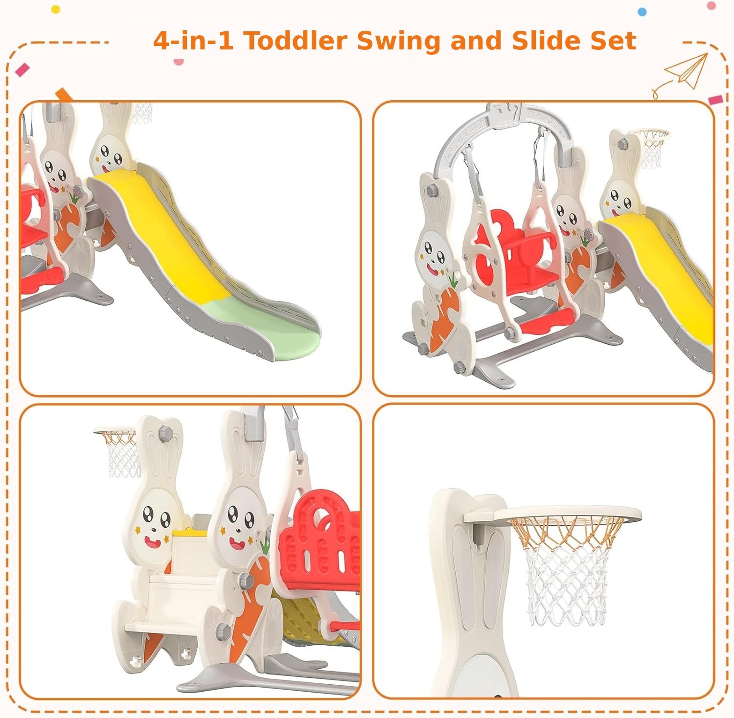 Rabbit Design Kids Slide with Swing 4-in-1 Slide & Swing Set for Toddlers, Foldable Kids Playground Equipment for Home Kindergarten 9 rabbit slide with swing detail