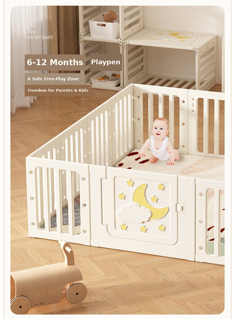 Moon Star Kids Playpen & Playground, 0-6 Years Multi-Functional Baby Play Yard - Care Station, Playhouse, DIY Table & Storage 9 Moon star playpen detail