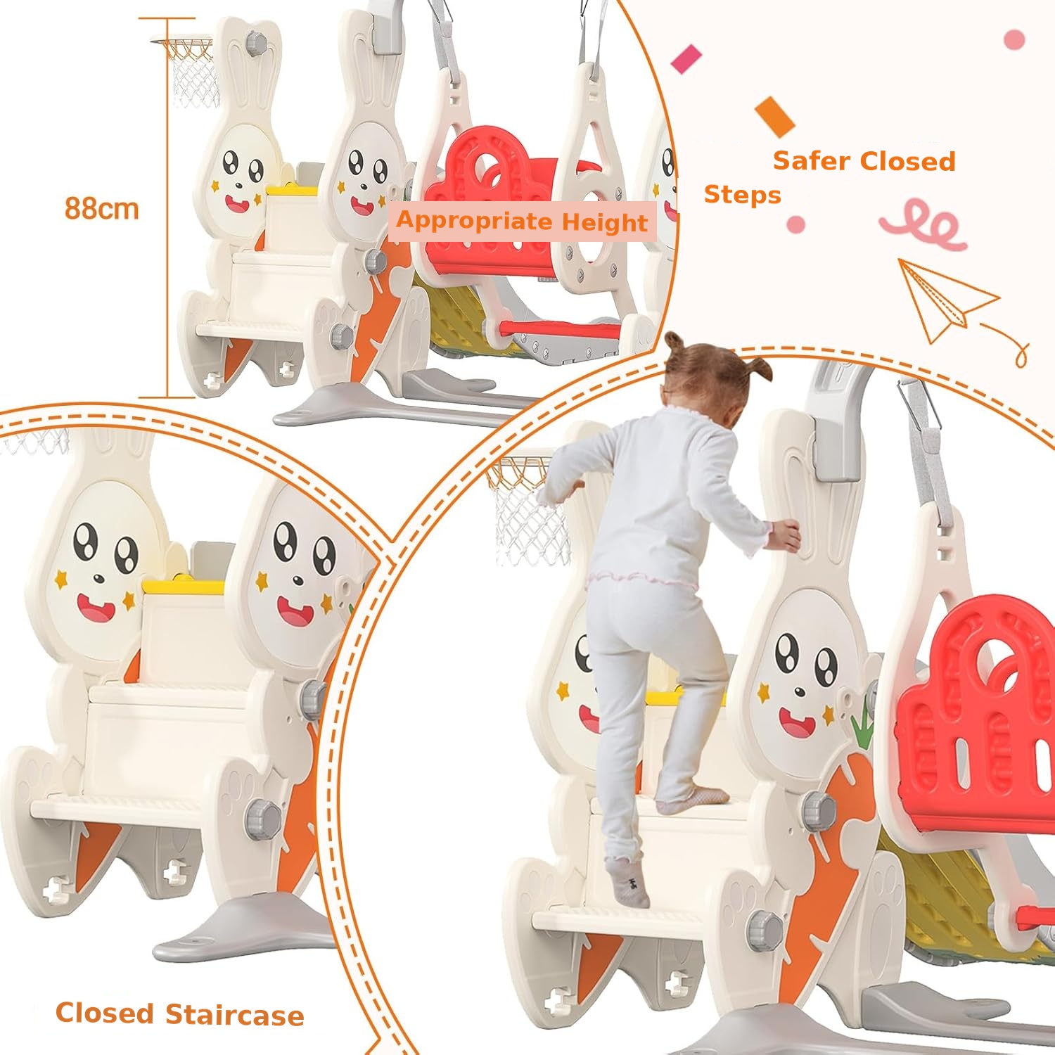 Rabbit Design Kids Slide with Swing 4-in-1 Slide & Swing Set for Toddlers, Foldable Kids Playground Equipment for Home Kindergarten 10 rabbit slide with swing detail