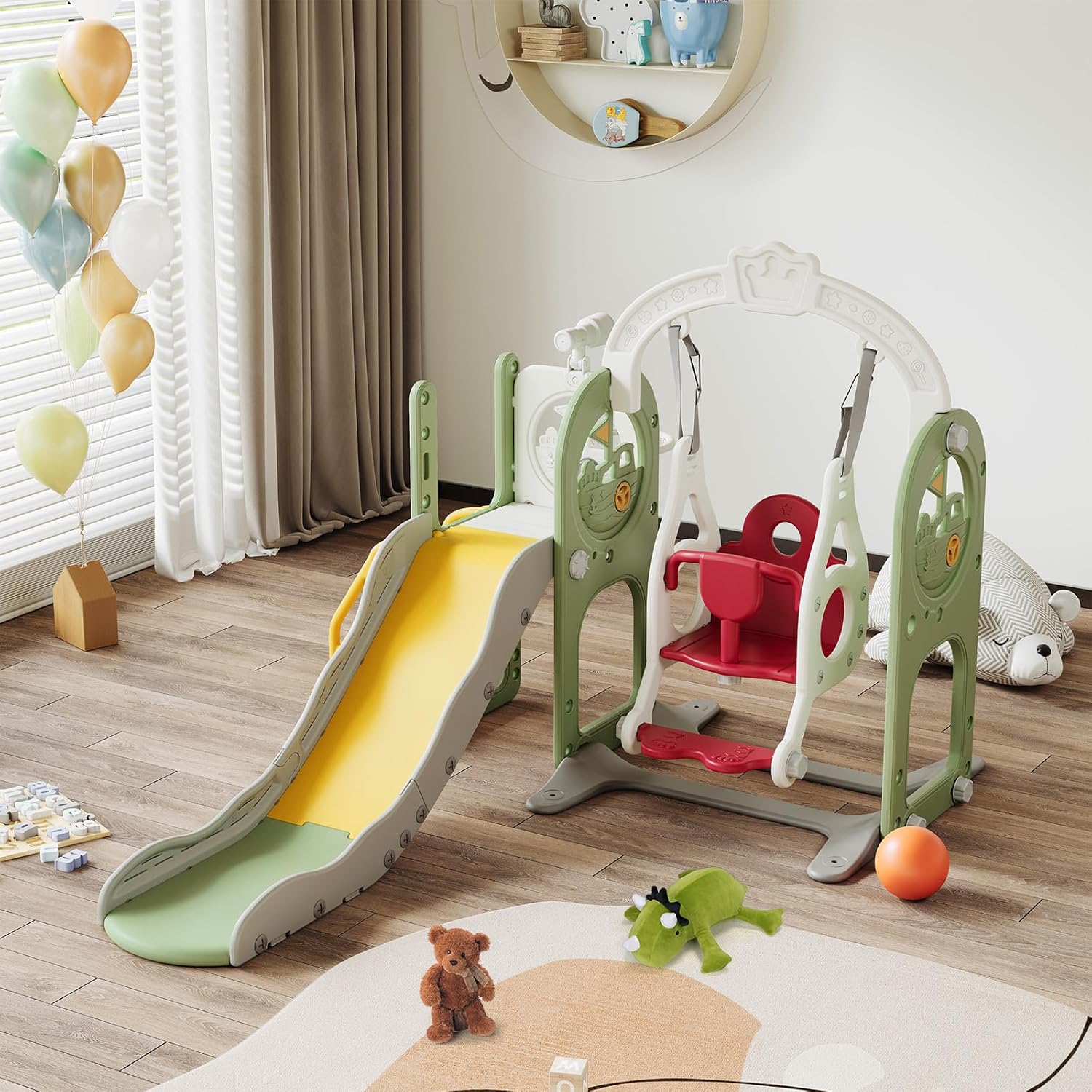 Ship Design Kids Slide with Slide Combo 3 in 1 Indoor Slide and Swing Set for Toddlers, Kids Playground Equipment for Home Kindergarten 12 ship slide with slide combo detail