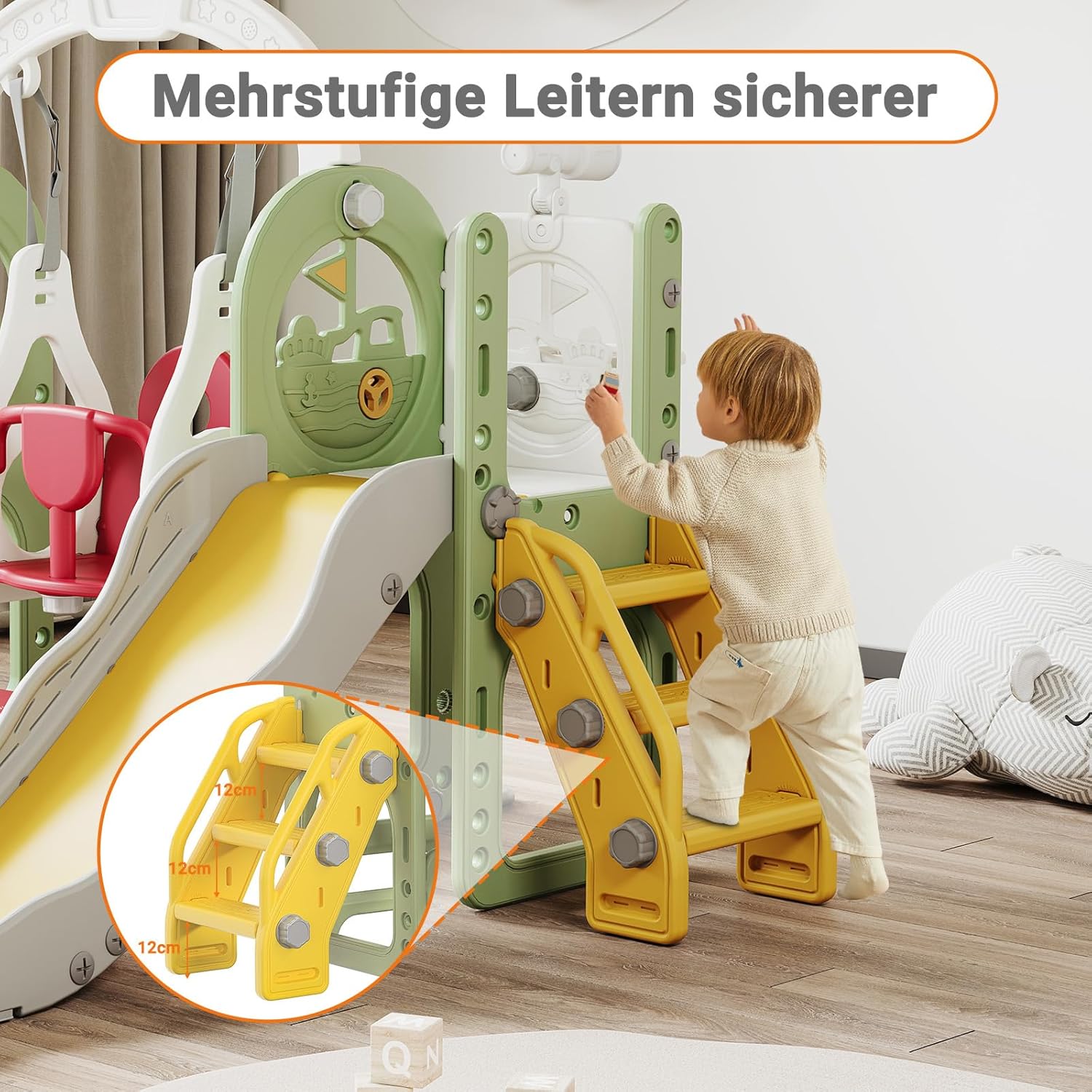 Ship Design Kids Slide with Slide Combo 3 in 1 Indoor Slide and Swing Set for Toddlers, Kids Playground Equipment for Home Kindergarten 13 ship slide with slide combo detail