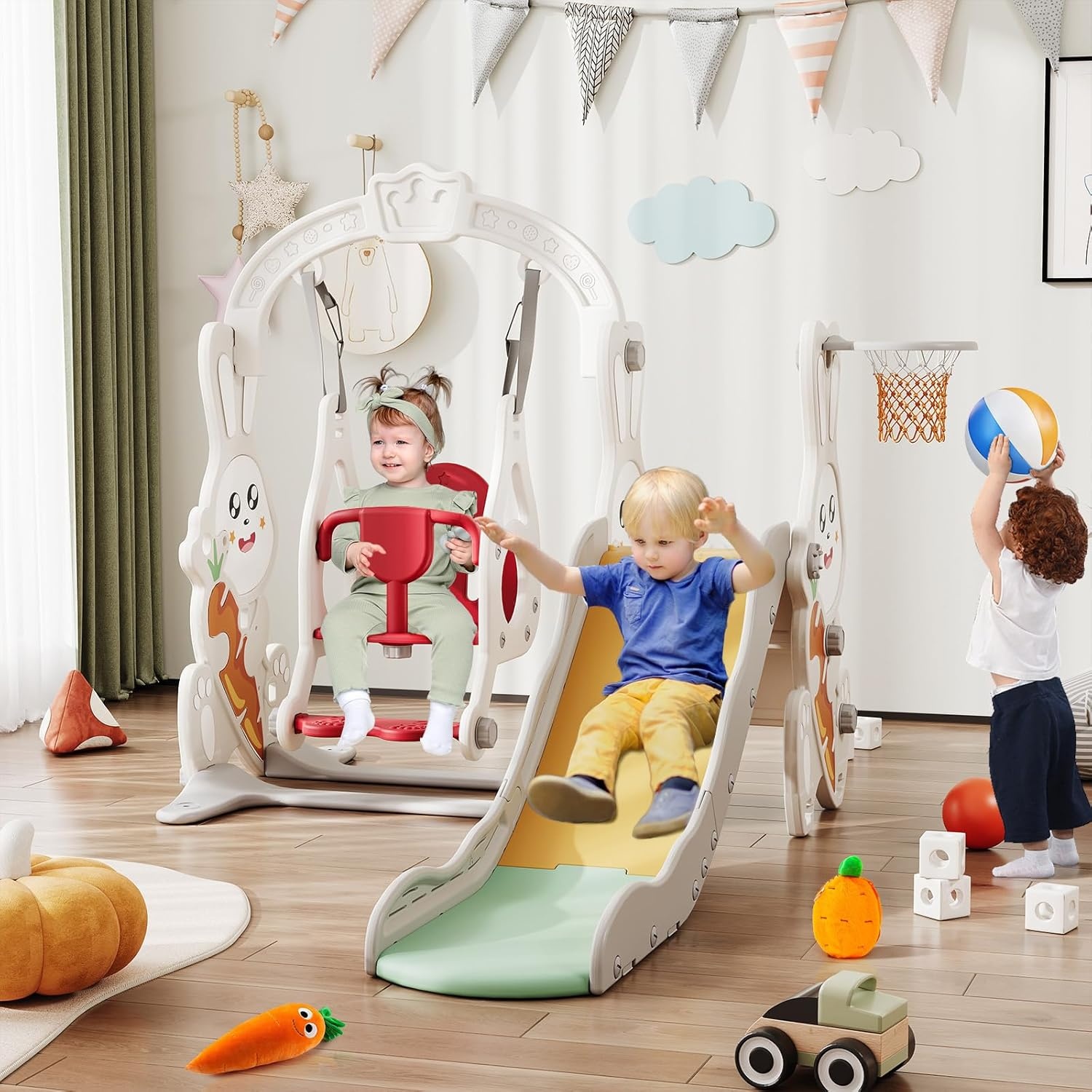 main_04 Rabbit design kids slide with swing for toddlers