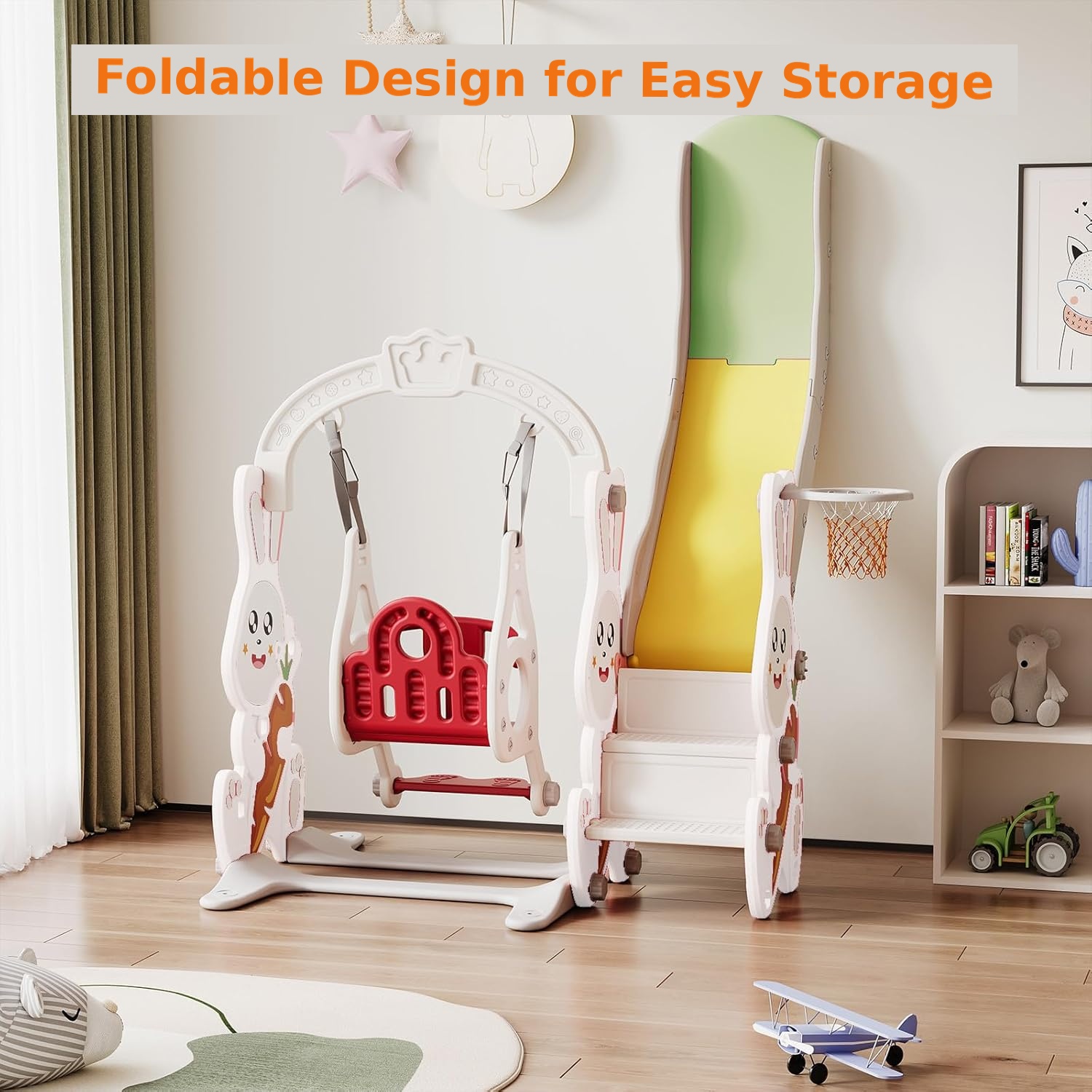 main_05 Rabbit design kids slide with swing for toddlers