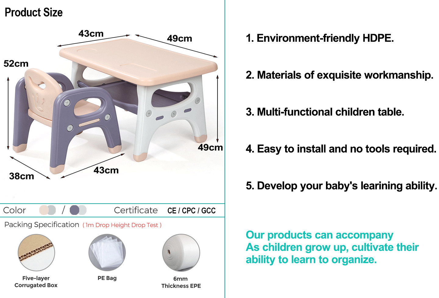 Kids Activity Table and Chair Set with Storage Shelf - Plastic Toddler Table & Chair Set with Pen Slot & Cup Holder UN-TC03 8 kids activity table and chair set with storage shelf detail