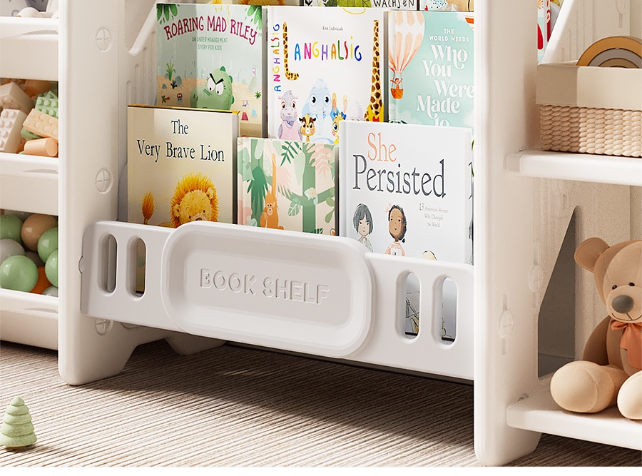kids bookshelf and storage rack detail