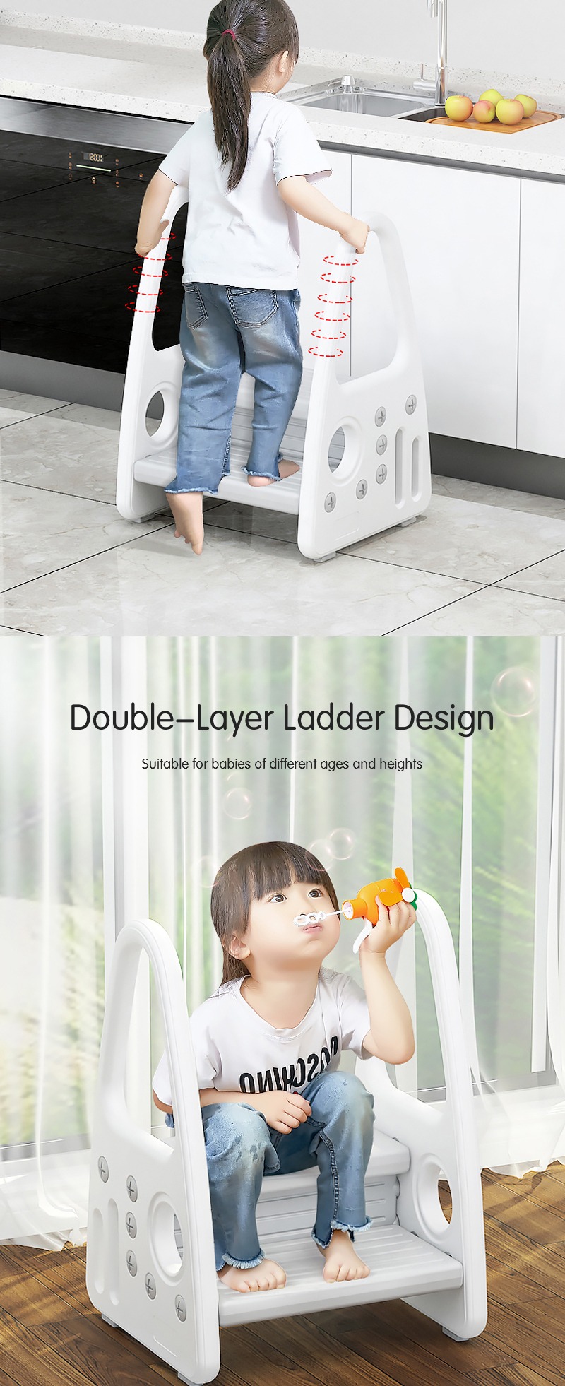 Kids Learning Tower Step Stool for Toddlers, Double-Layer Ladder Toddler Standing Tower with Safety Handrail 9 kids learning tower step stool for toddlers detail