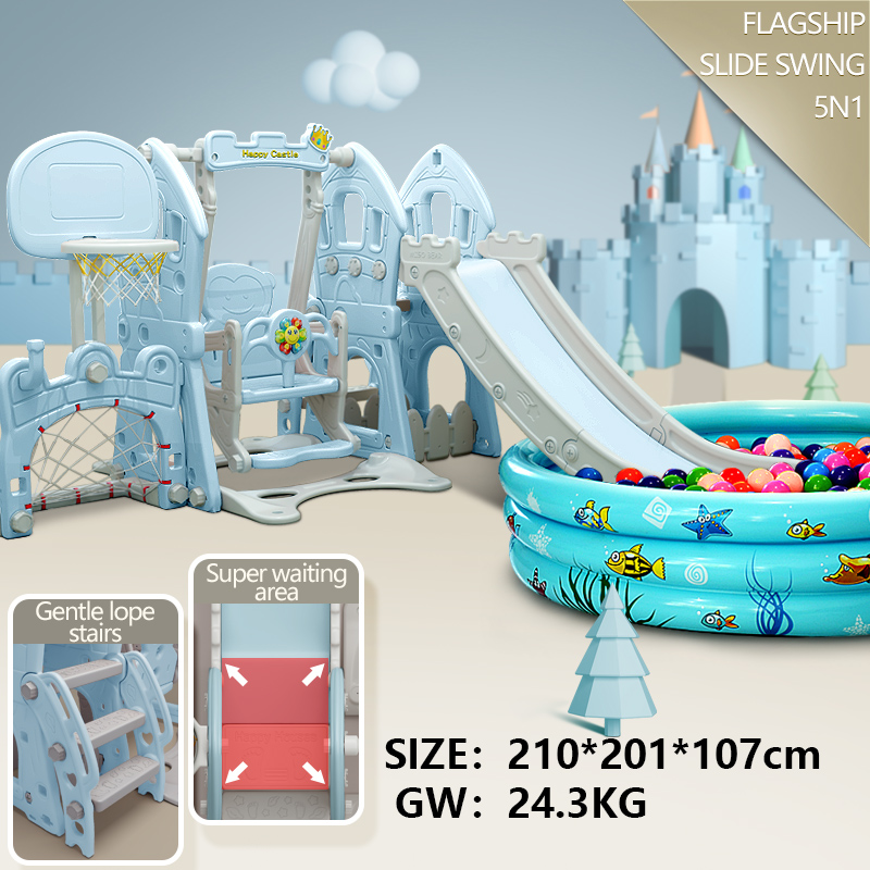 main_03 Castle 5-in-1 kids slide and swing set